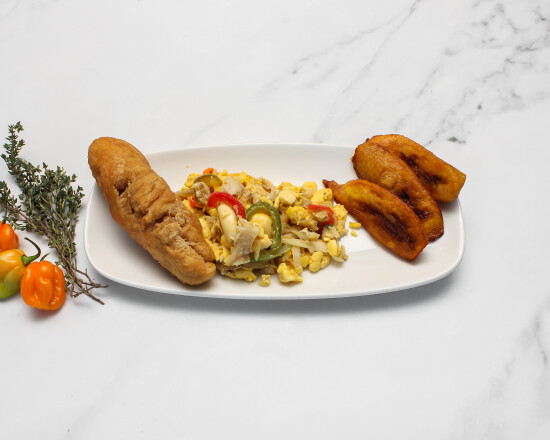 Ackee and saltfish with festival and plantain